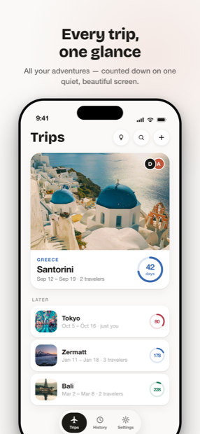 The Trips home screen with a hero Santorini countdown