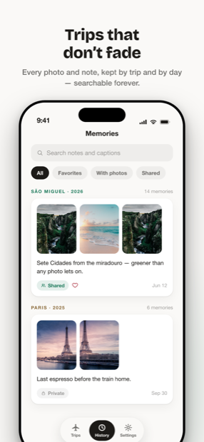 The memory library with search and per-trip timelines