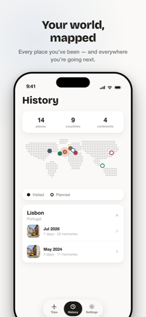 A world map of visited and planned places