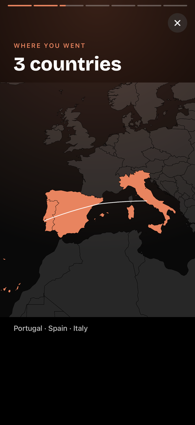 Year in Travel's Where you went frame: 3 countries, with Portugal, Spain and Italy filled in on a map of Europe